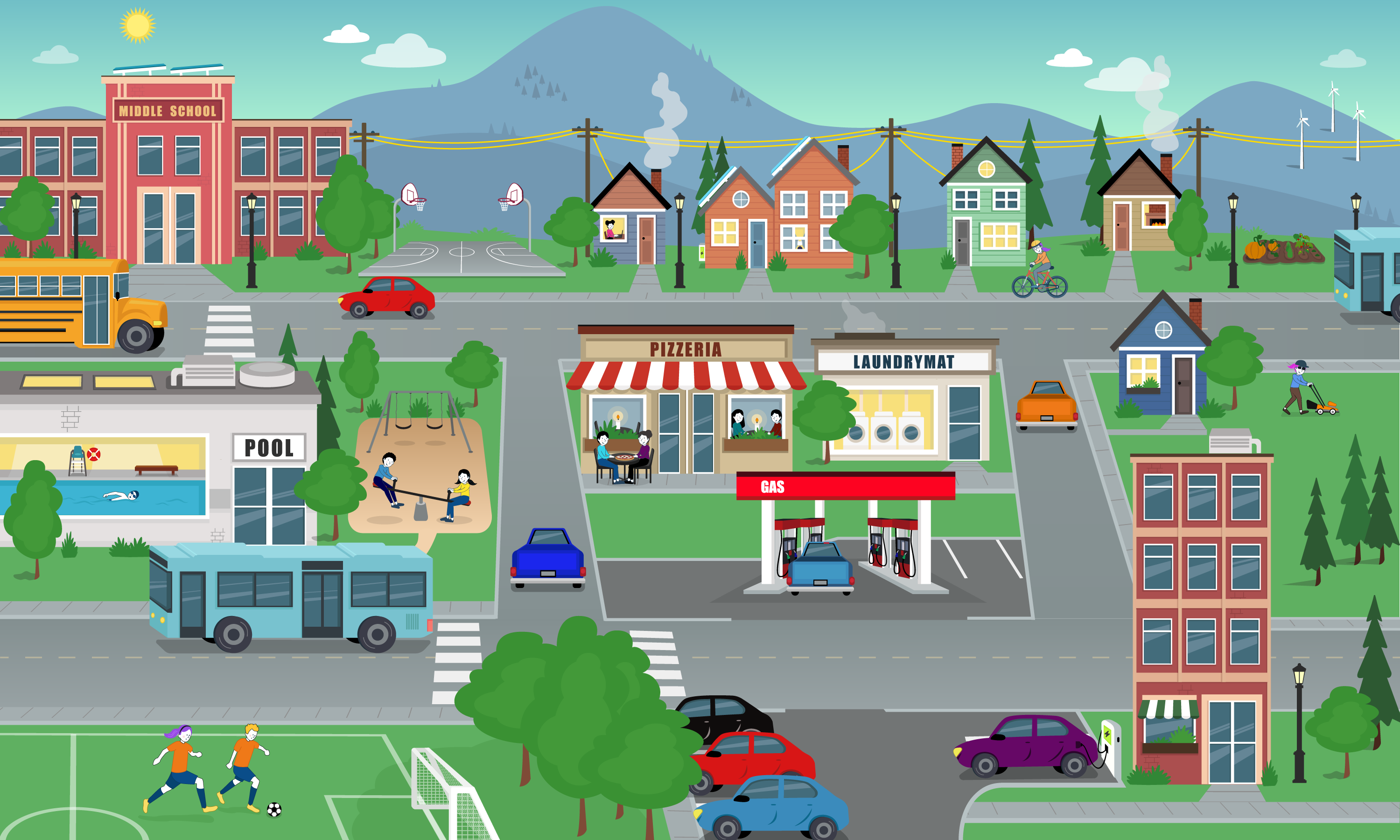 Large, detailed image of a community including a middle school, powerlines, homes, cars, buses, a soccer game, and other representations of energy use, generation, and transfer in a community.